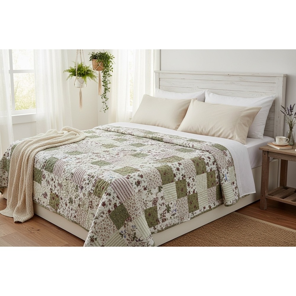 Peking Handicraft Cottagecore Floral Patchwork Quilt Green Pink 101x86 Farmhouse